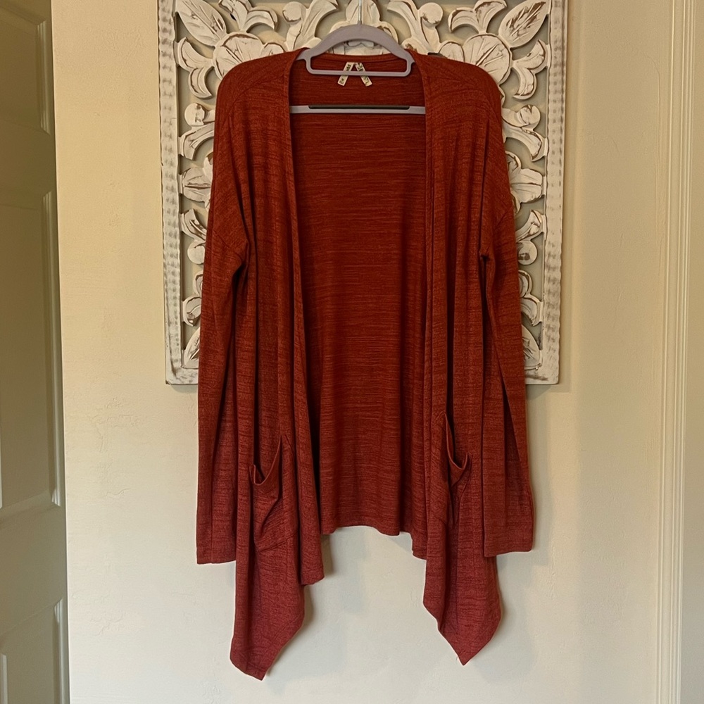 Mudd Rusty Orange Drape-Front Cardigan with Pockets (Size Medium)
